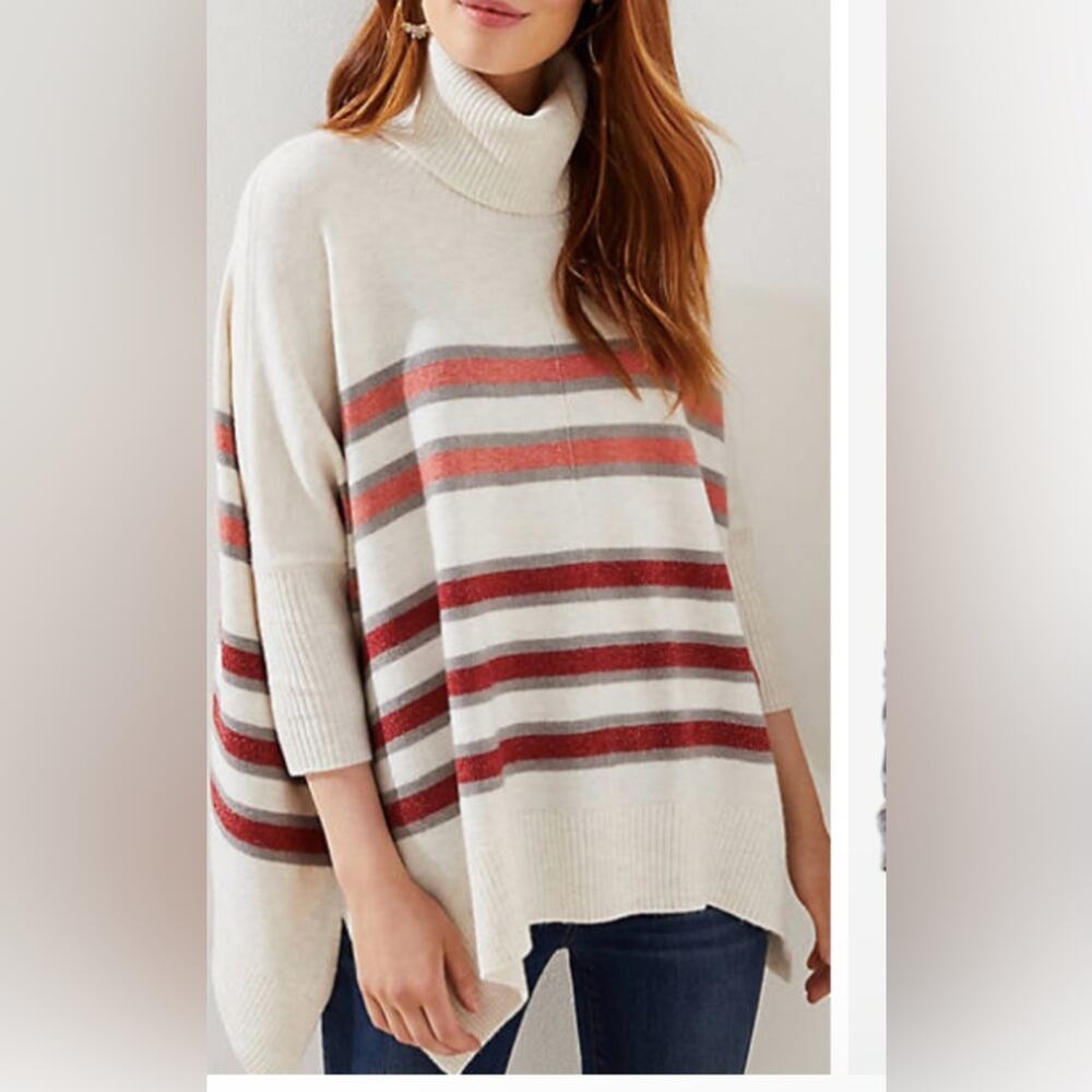 Loft Turtleneck Striped Oversized Poncho Sweater Wool Blend
